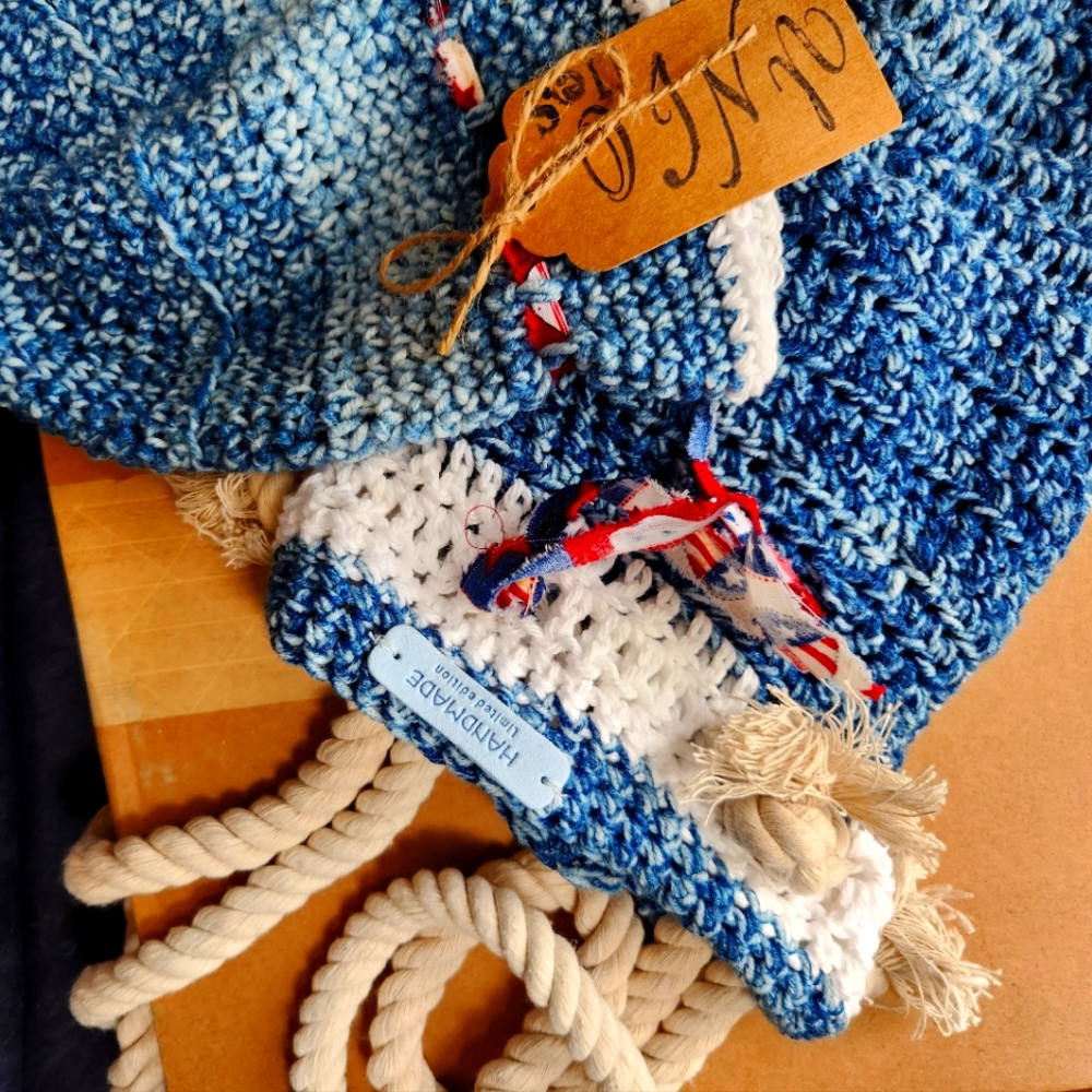 Handcrafted unique crochet tote with matching bucket hat